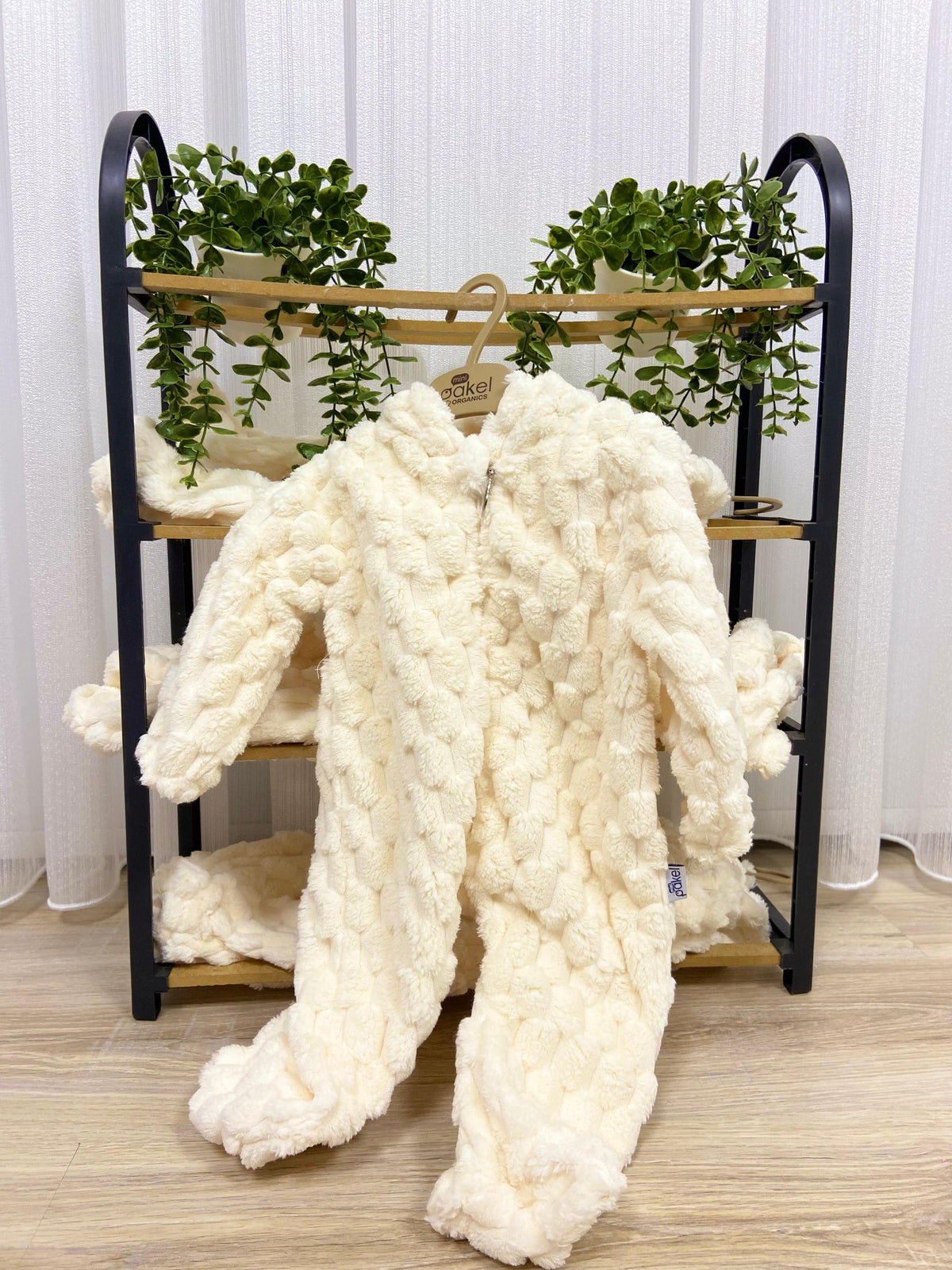 Ninniva Kapüşonlu Kabarık Pofuduk Dokulu Peluş Bebek Tulumu - Ekru